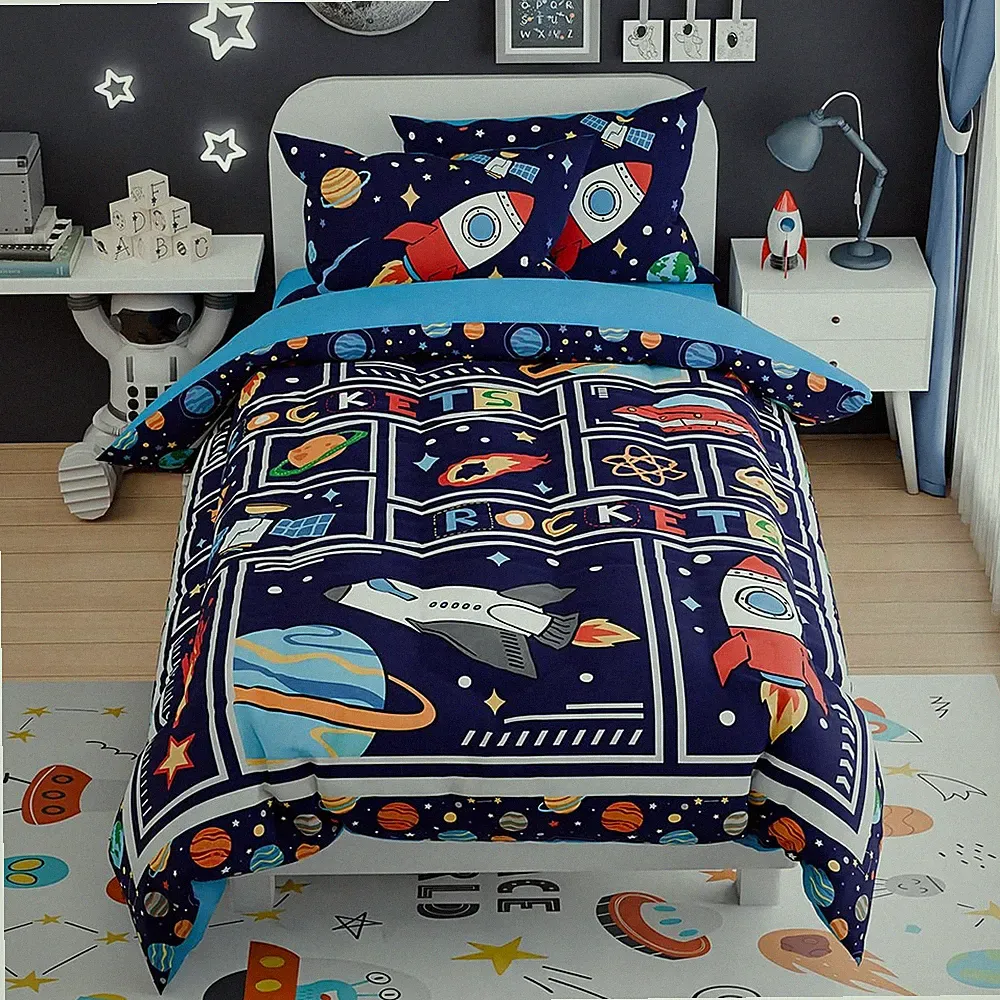 3 PCS Twin Space Bedding Set Boys Rocket Soft Microfiber Comforter Bedroom