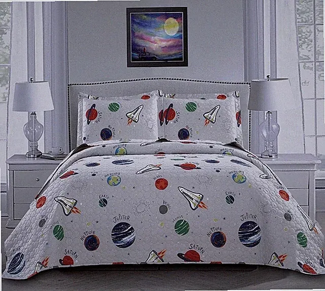 3-Piece Space Quilt Twin Size Kids Planet Bedspread Lightweight Coverlet Set