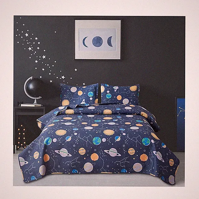 3 Pieces Kid's Galaxy Outer Space Zodiac Planets Bedspread Coverlet... Fast Ship