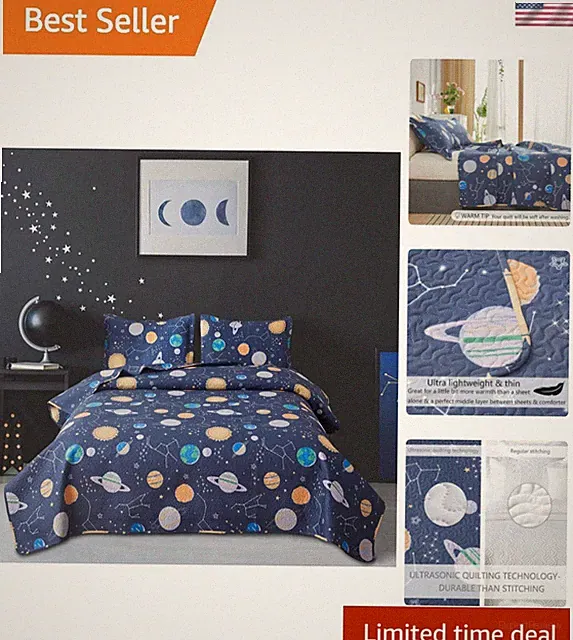 3 Pieces Kid's Galaxy Outer Space Zodiac Planets Bedspread Coverlet Set Twin...