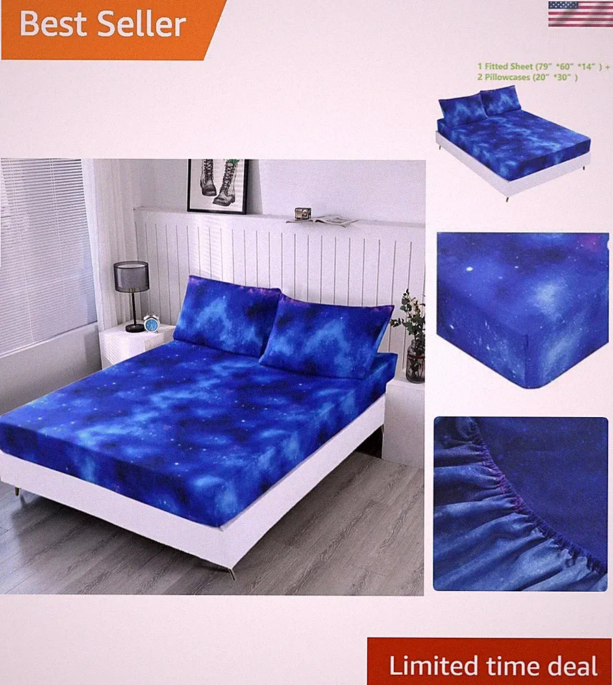 3PCS Blue Space Queen Fitted Sheet Set, Bed in a Bag Galaxy Fitted Queen Shee...