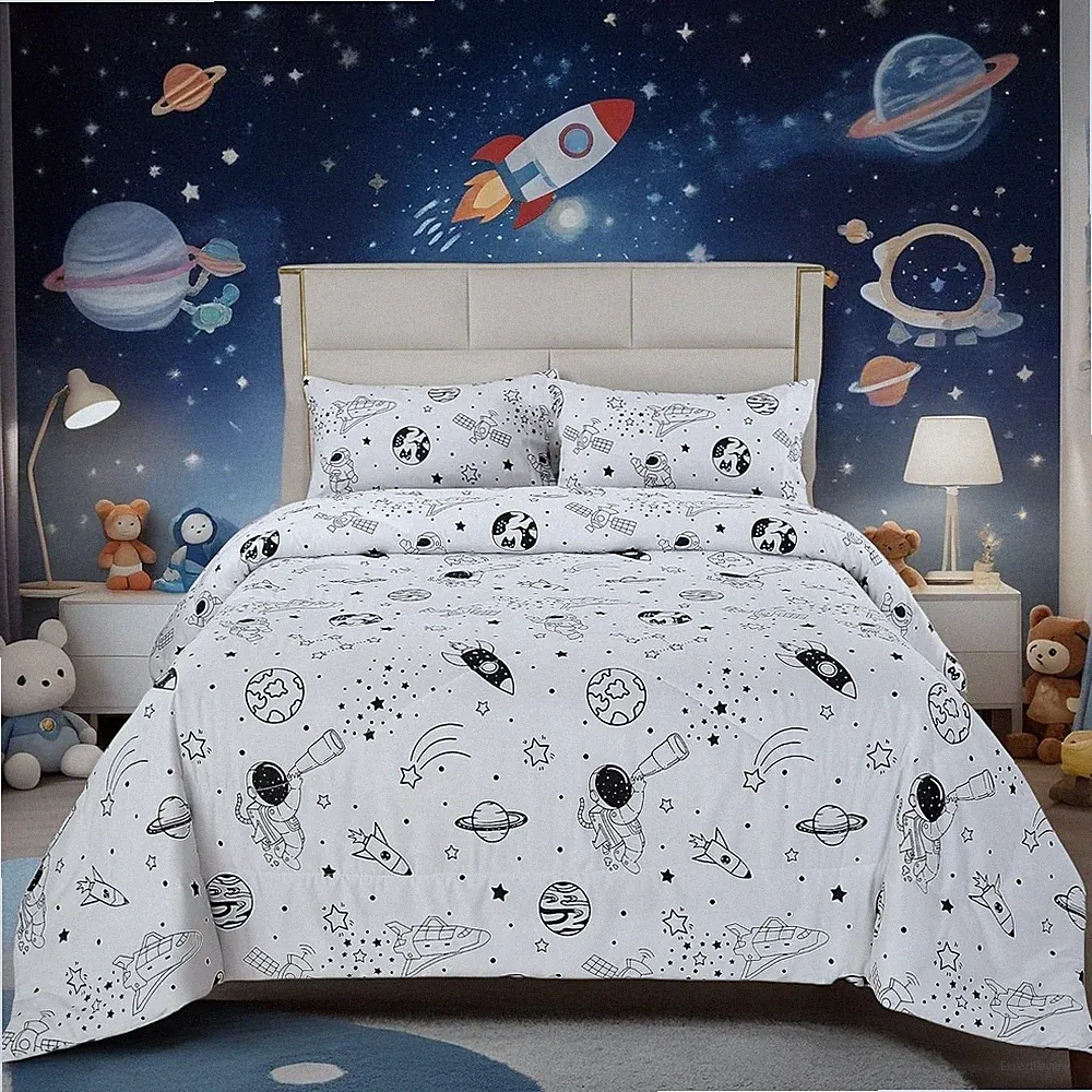 3Pcs Magnetic Galaxy Comforter Set Queen White Rocket Space Themed Bedding