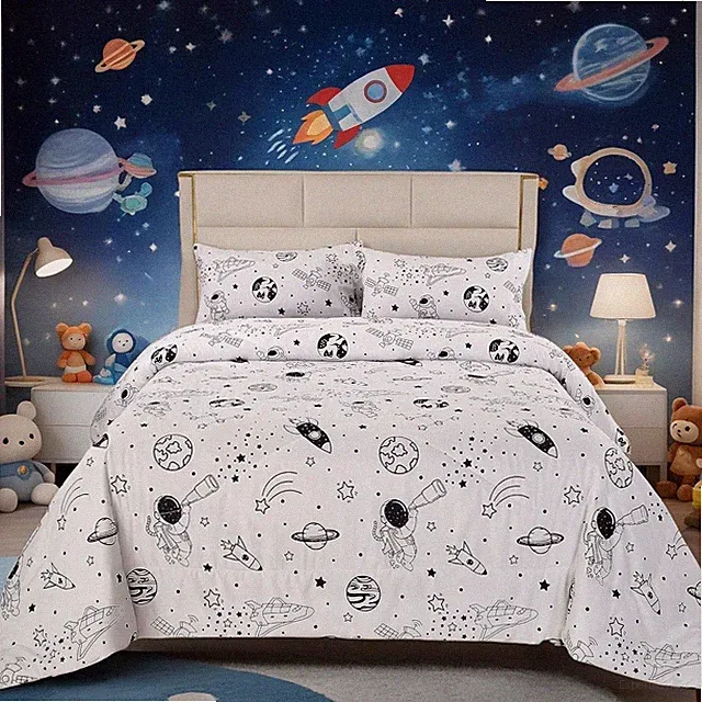 3PCS Rocket Space Bedding Set White Galaxy Queen Comforter Quilt Pillow Shams