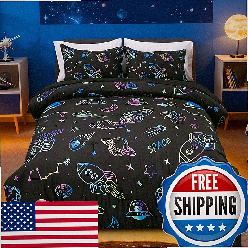 Aimuan Space Comforter Set Kids Rocket Bedding Set Super Soft Cute Aliens Ufo
