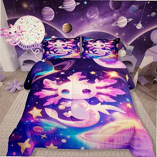Axolotl Quilt Twin Size for Boys Girls,Galaxy Planet Space Bedding Set Cartoo...