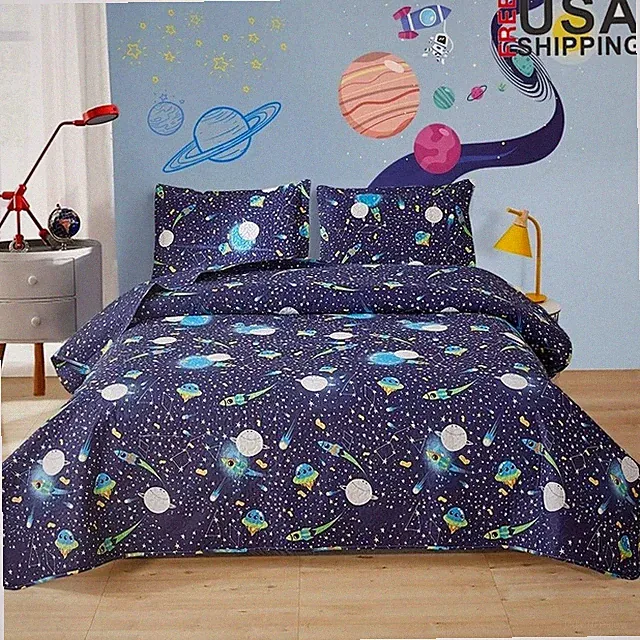 Boys Twin Quilt Set Space Galaxy Bedspread Lightweight W/ 2 Pillow Shams New