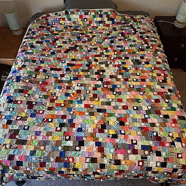 Handmade Patchwork Quilt 71x79 In Multicolor Puff Tufted Boho Throw Blanket