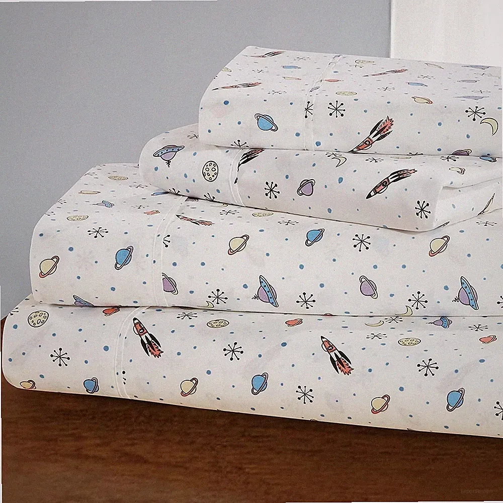 Kids Twin Bed Sheets – Space Rocket Print Bedding Set, White
