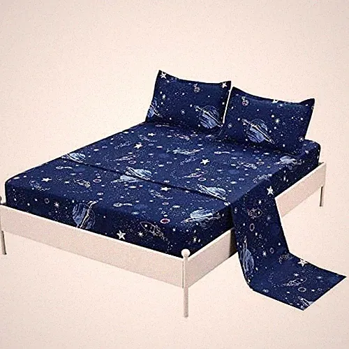 MAG Galaxy Theme Bed Sheet 4PC Navy Full Size Out Space Bedding Sheet Set with 1