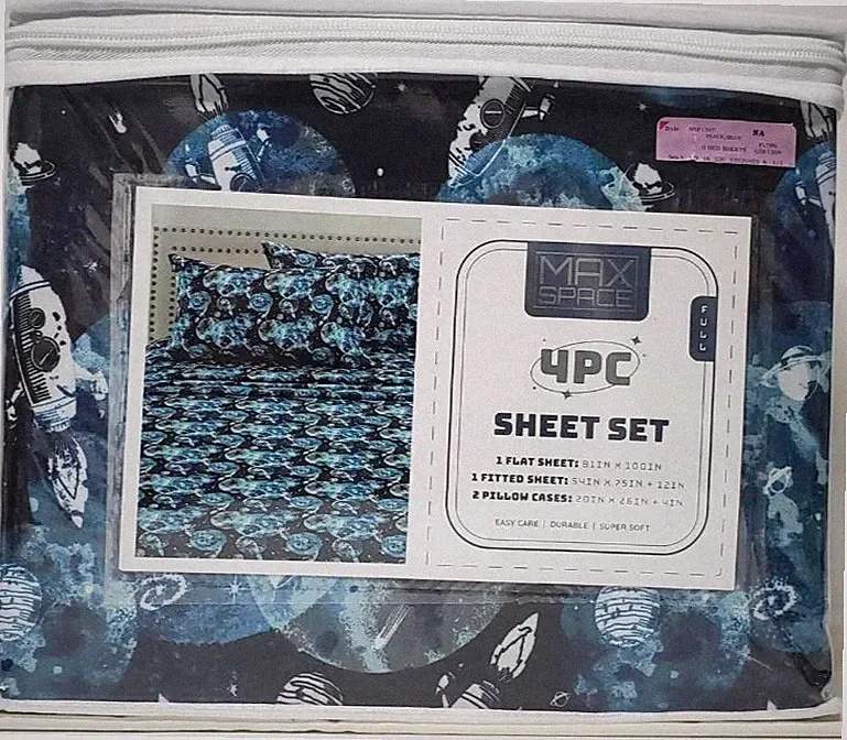 Max Space 4-PC FULL Size SHEET Set, Outer Space, Blue/White, 100% Polyester, NEW