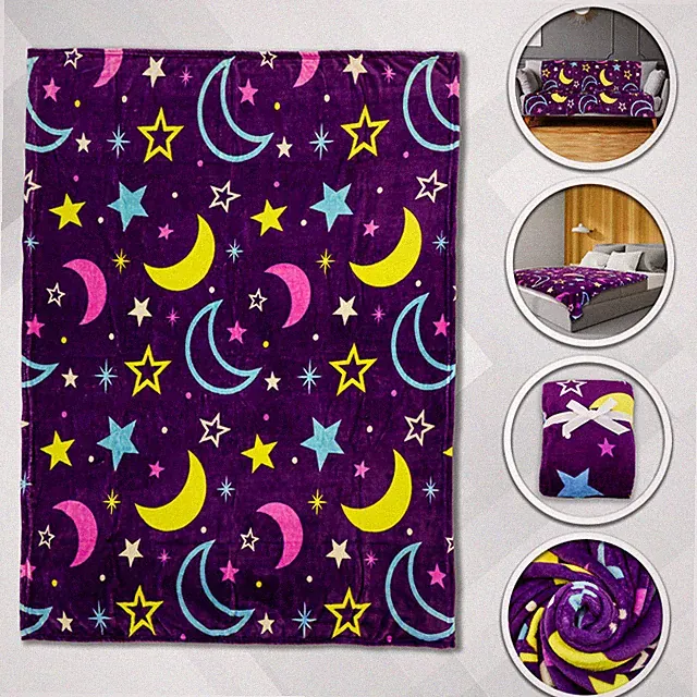 Moon & Stars Plush Blanket 50x60 Cute Kid's Blanket Purple Throw Blanket Space