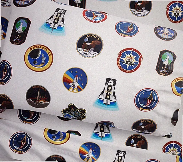 Pottery Barn ASTRONAUT PATCH QUEEN 4 Pc Sheet Set NASA Mission Space Shuttle NEW