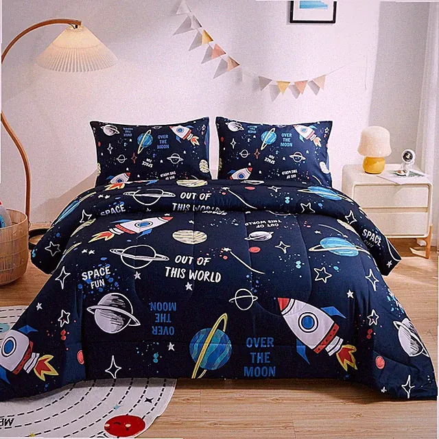 Queen Comforter Set Kids Space Rocket Bedding Teen Boys 3 Piece Bed