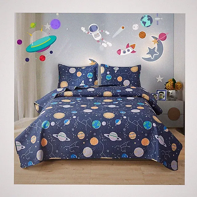 Space Bedding Quilt Full/Queen Size Galaxy Bedspread Summer Astronomical Cons...