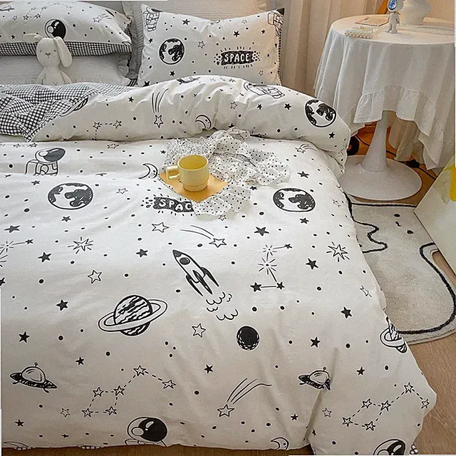 Space Duvet Cover Set 100% Cotton Full Queen Cartoon Rocket Astronaut Univers...