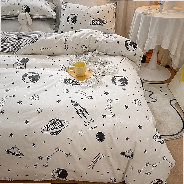 Space Duvet Cover Set 100% Cotton Twin Cartoon Rocket Astronaut Universe Plan...