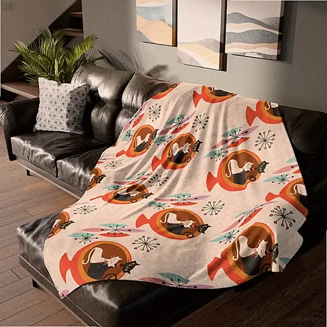 Sputnik Atomic Cat Sherpa Blanket Retro Space Decor