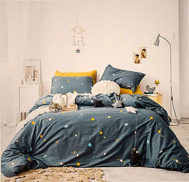 Teal Space Duvet Cover Queen 100% Cotton 3 Pcs Set 1 Cartoon Yellow Blue Gala...