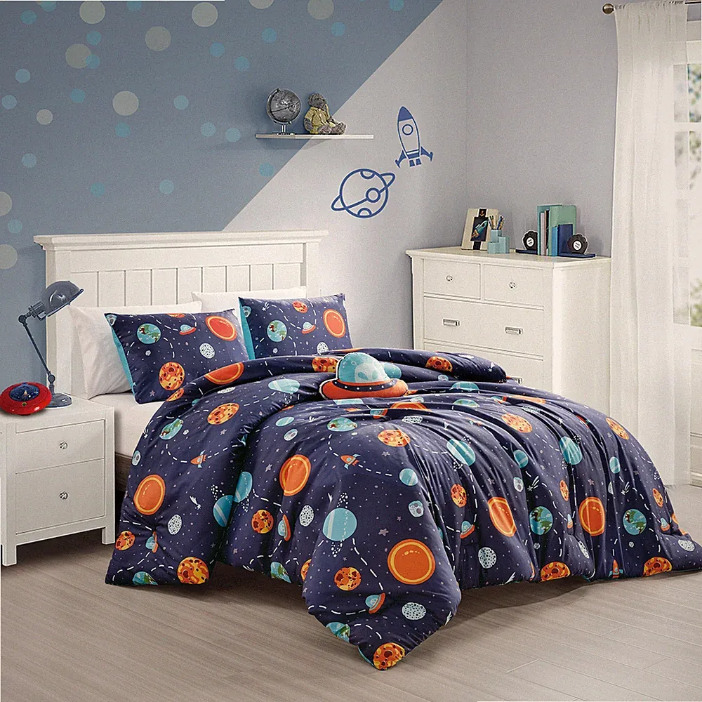 Universe Galaxy Kids Bedding Blue Space Ship Aliens Comforter Set w/ UFO Pillow