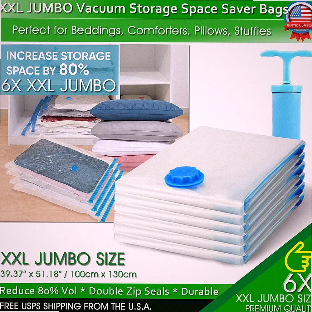 XXL Jumbo Vacuum Storage Bags Comforters Bedding Clothes Space Saver Hand Pump